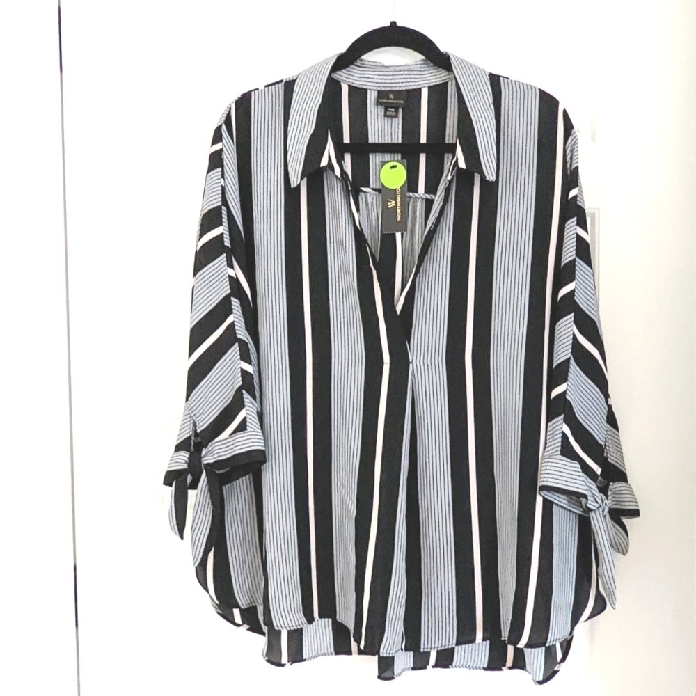 Women's Plus Sized Blue White Striped Flowy V Neck Top 3/4 Sleeves Bows Size XXL